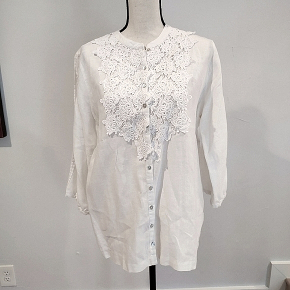 Soft Surroundings Linen Top Lace Romantic White 3/4 Sleeve…